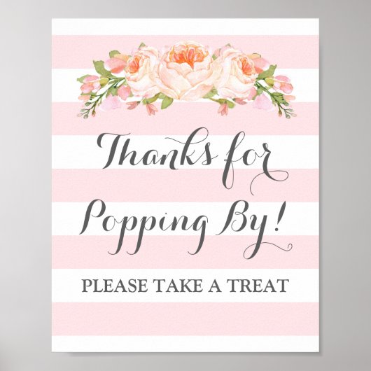 Popcorn Bar Sign Roze Flowers Stripes Poster (Voorkant)