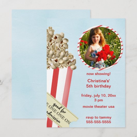 Popcorn Birthday Party Invitation Kaart (Voorkant / Achterkant)