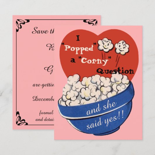 Popcorn Corny Vraag, Schattige Retro Bewaar de Dat Kaart (Voorkant / Achterkant)