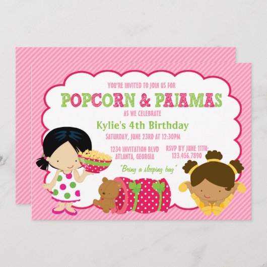 Popcorn- en pyjama-slaappartij kaart (Voorkant / Achterkant)