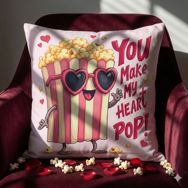 Popcorn Hart Pop Valentijnsdag Ontwerp Kussen (Popcorn Heart Pop Valentine Design Throw Pillow Mockup A)