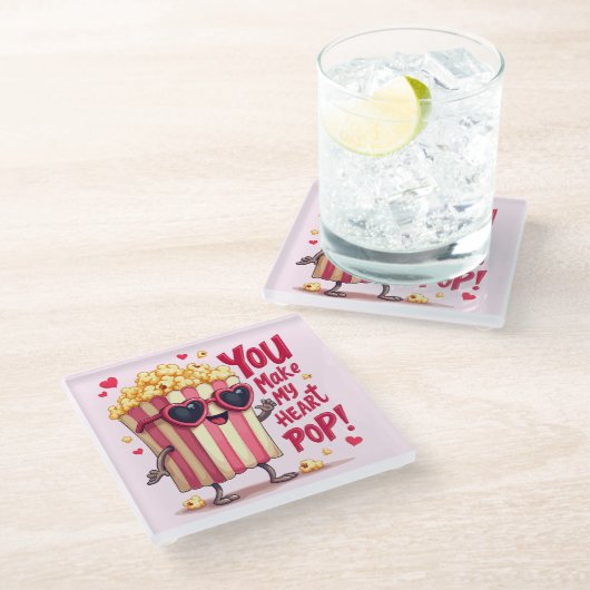 Popcorn Heart Pop Valentine Design Glazen Onderzetter (Schuin)