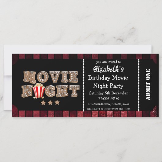 Popcorn Movie Night Birthday Party Ticket Style Kaart (Voorkant)