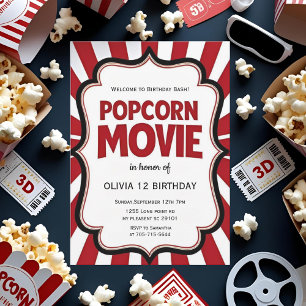 Popcorn Movie Night Birthday   Red Theatre Party Kaart