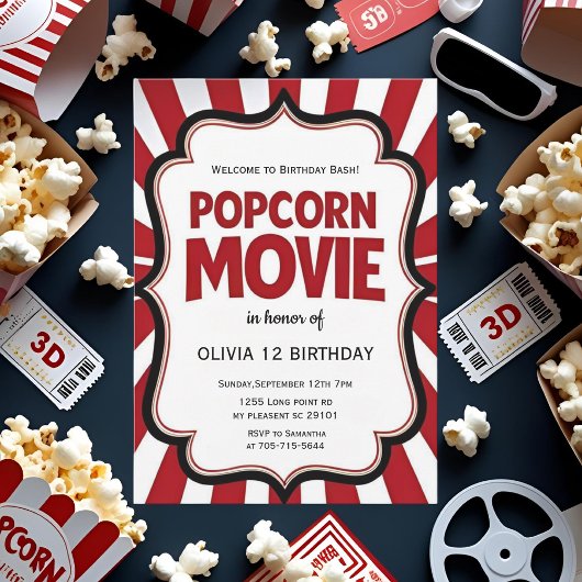 Popcorn Movie Night Birthday | Red Theatre Party Kaart