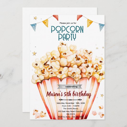 Popcorn party theme invitation kaart (Voorkant / Achterkant)