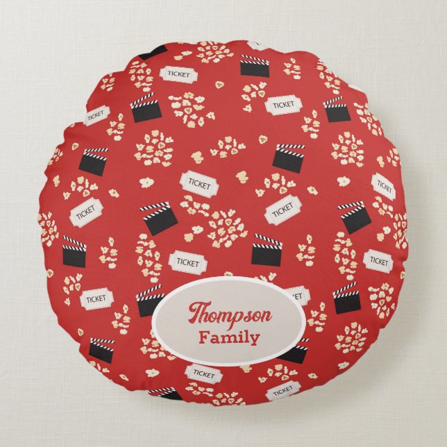 Popcorn Retro Film Bioscoop Monogram Rond Kussen (Voorkant)