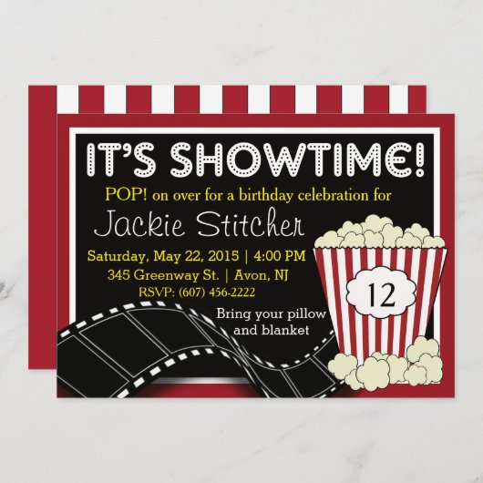Popcorn "Showtime" uitnodiging (Voorkant / Achterkant)