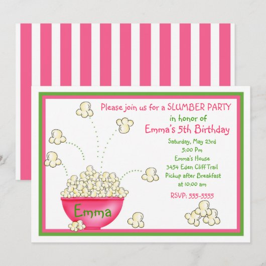 Popcorn Slumber Party-uitnodigingen Kaart (Voorkant / Achterkant)