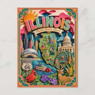 PopCut Staten Illinois Kleurrijke 3D-papierkunst Briefkaart