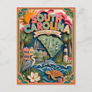 PopCut Staten South Carolina Kleurrijke 3D Papierk Briefkaart