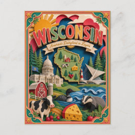 PopCut Toestanden Wisconsin Kleurrijke 3D Papierku Briefkaart