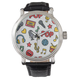 popmuziek krabbelpictogrammen naadloos patroon horloge