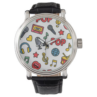 popmuziek krabbelpictogrammen naadloos patroon horloge