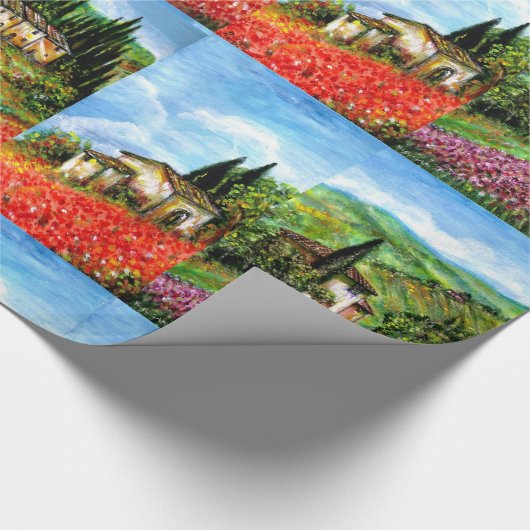 POPPEN, IRISES, ANTIEK RUSTISCHE VILLAGE IN TUSCAN CADEAUPAPIER (Hoek)