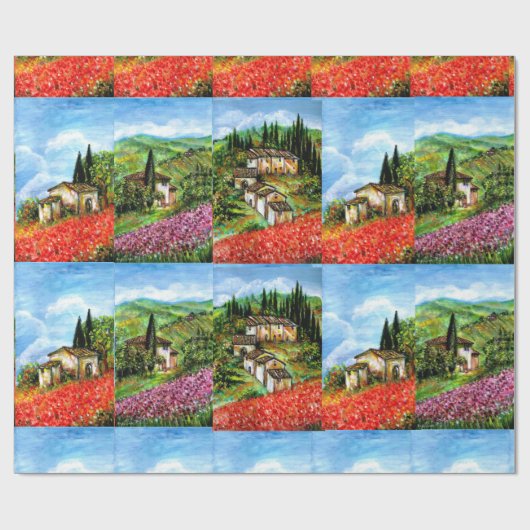 POPPEN, IRISES, ANTIEK RUSTISCHE VILLAGE IN TUSCAN CADEAUPAPIER (Vlak)