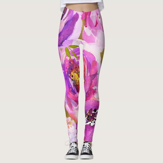 Poppen van roze en Paarse levendige bloemen Leggings (Voorkant)