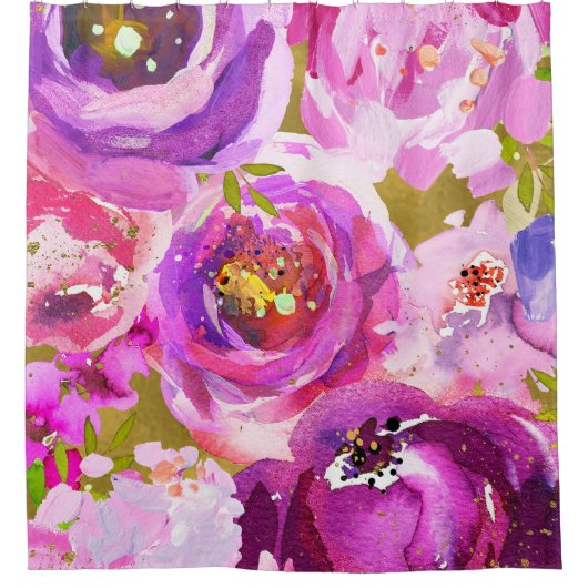 Poppen van roze Paars goudkleurige bloemetjes Douchegordijn (Voorkant)