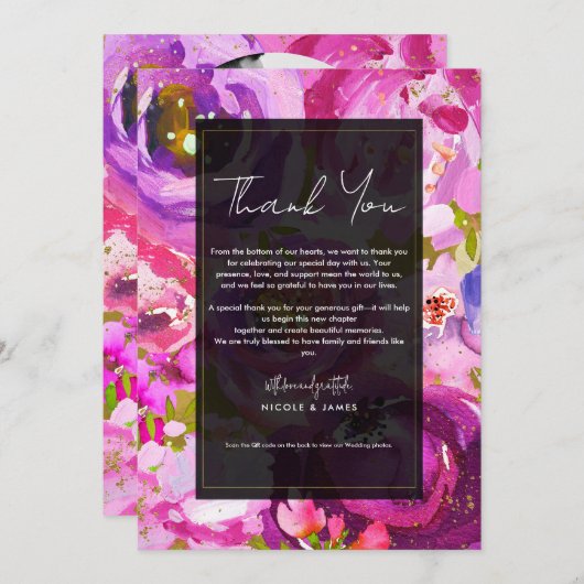 Poppen van Roze & Paarse Levendige Bloemen Dank U Kaart (Voorkant / Achterkant)