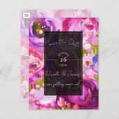 Poppen van Roze & Paarse Levendige Bloemen Save th Aankondigingskaart (Voorkant / Achterkant)