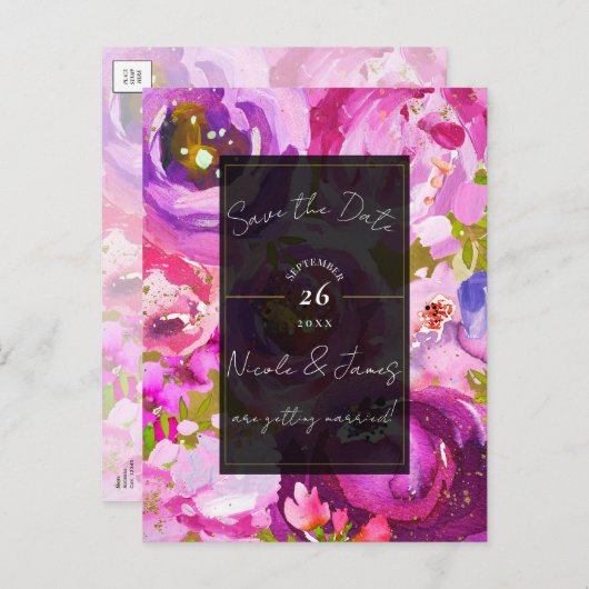 Poppen van Roze & Paarse Levendige Bloemen Save th Aankondigingskaart (Voorkant / Achterkant)