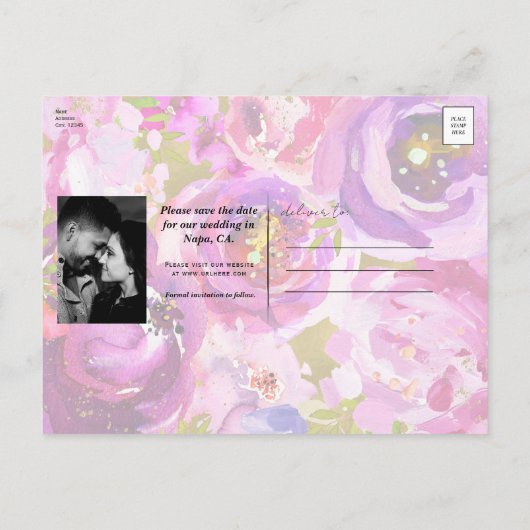 Poppen van Roze & Paarse Levendige Bloemen Save th Aankondigingskaart (Achterkant)