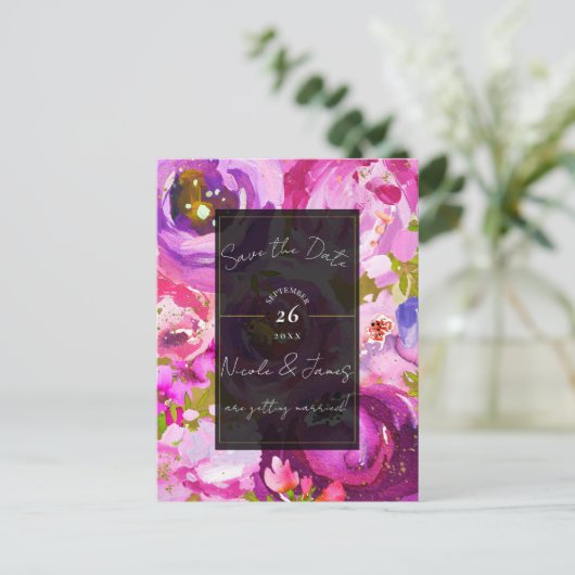 Poppen van Roze & Paarse Levendige Bloemen Save th Aankondigingskaart (Staand voorkant)