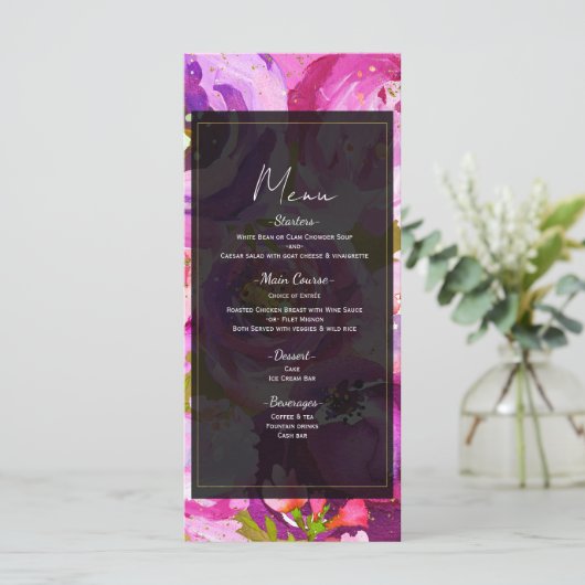 Poppen van Roze & Paarse Levendige Bloemen Wedding Menu (Staand voorkant)