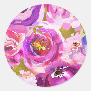 Poppen van Roze & Paarse Vibrant Bloemen Huwelijk Ronde Sticker