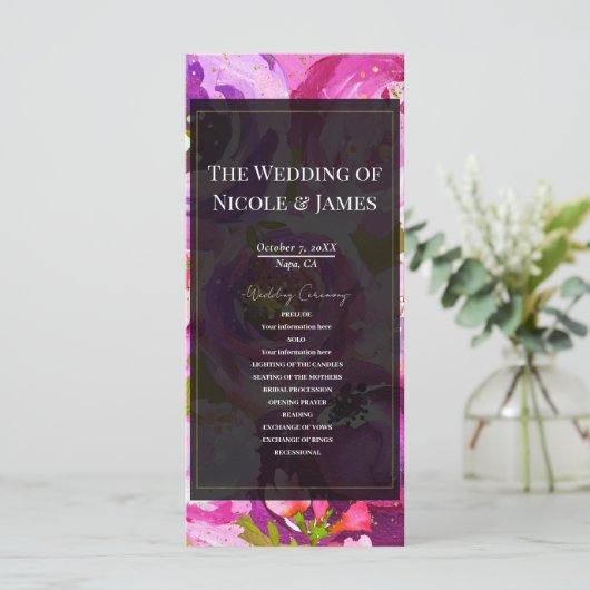 Poppen van Roze Paarse Vibrant Floral Wedding Prog Programmakaart (Staand voorkant)