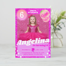 Poppenroze Glitter Uitnodiging Verjaardagsfeestje