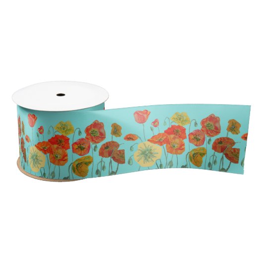 Poppie Waterverf Oranje Red Aqua  floreel Satijnen Lint (Spoel)