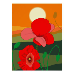 Poppie weide bij zonsonderend poster