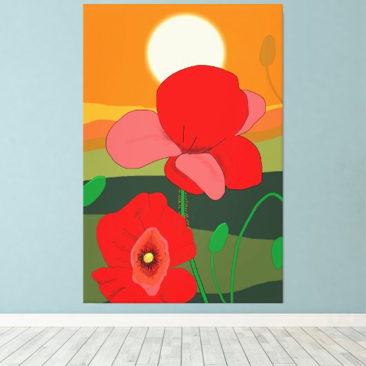 Poppie weide bij zonsondergang canvas afdruk (Insitu (Houten vloer))