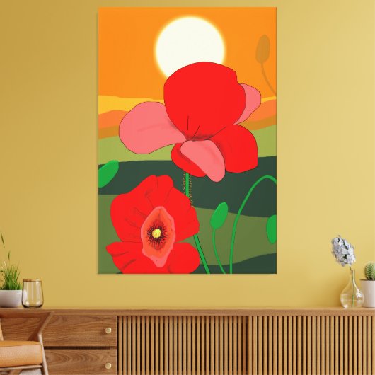 Poppie weide bij zonsondergang canvas afdruk (Insitu (Woonkamer))