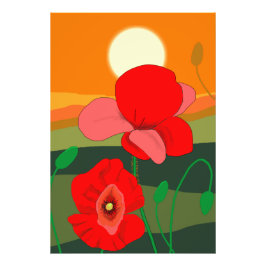 Poppie weide bij zonsondergang foto afdruk