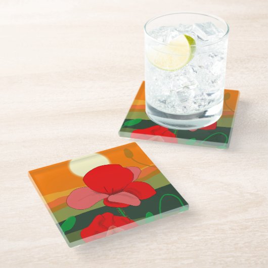 Poppie weide bij zonsondergang glazen onderzetter (Schuin)