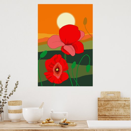 Poppie weide bij zonsondergang poster (Keuken)