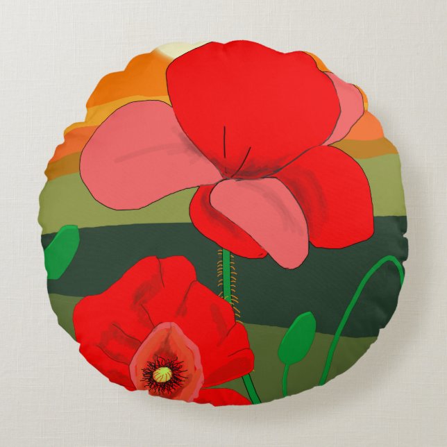 Poppie weide bij zonsondergang rond kussen (Voorkant)