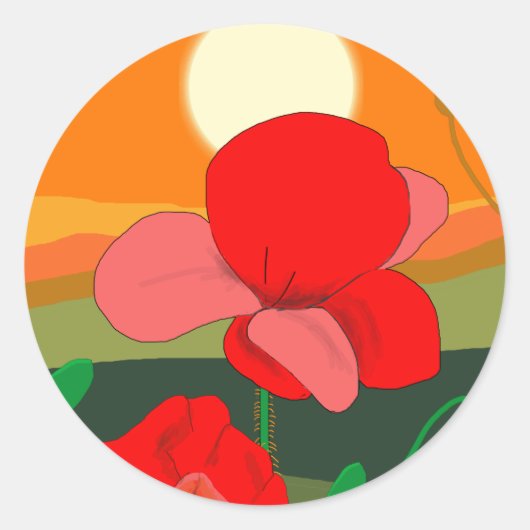 Poppie weide bij zonsondergang ronde sticker (Voorkant)