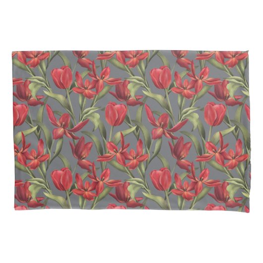 Poppie zaadachtergrond met rode tulpen kussensloop (Voorkant)
