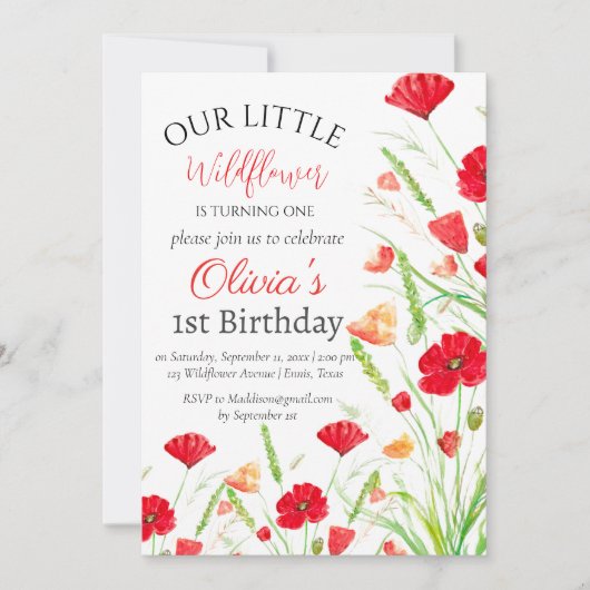 Poppies 1e Verjaardag Meisje Red Floral Kaart (Voorkant)