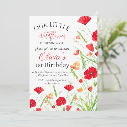 Poppies 1e Verjaardag Meisje Red Floral Kaart (Staand voorkant)
