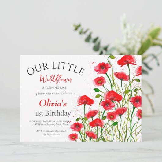 Poppies 1e Verjaardag Meisje Red Floral Kaart (Staand voorkant)