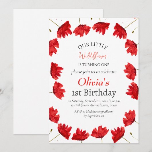 Poppies 1e Verjaardag Meisje Red Floral Kaart (Voorkant / Achterkant)