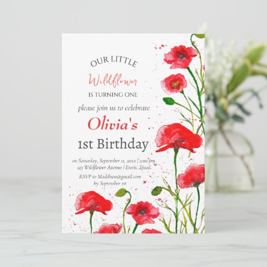 Poppies 1e Verjaardag Meisje Red Floral Kaart (Staand voorkant)