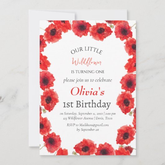 Poppies 1e Verjaardag Meisje Red Floral Kaart (Voorkant)