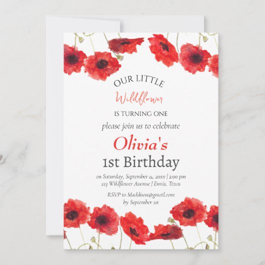 Poppies 1e Verjaardag Meisje Red Floral Kaart (Voorkant)