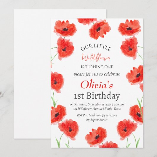 Poppies 1e Verjaardag Meisje Red Floral Kaart (Voorkant / Achterkant)