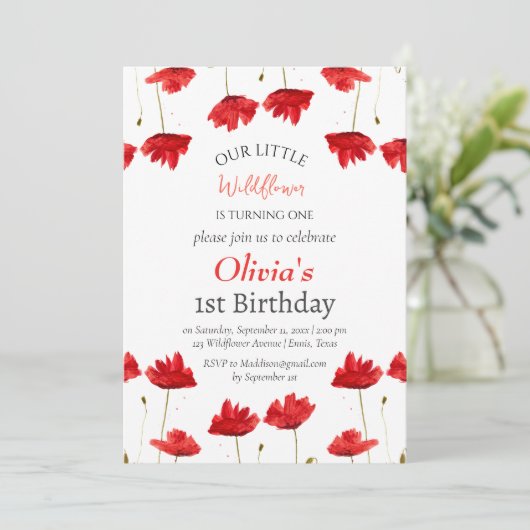 Poppies 1e Verjaardag Meisje Red Floral Kaart (Staand voorkant)